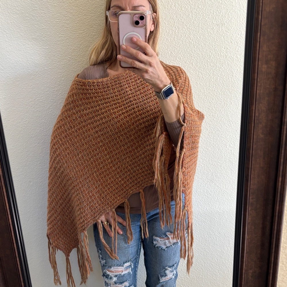 Women's Tan and Orange Knit Poncho